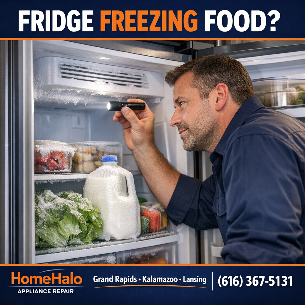 HomeHalo technician inspecting a refrigerator that is freezing fresh food